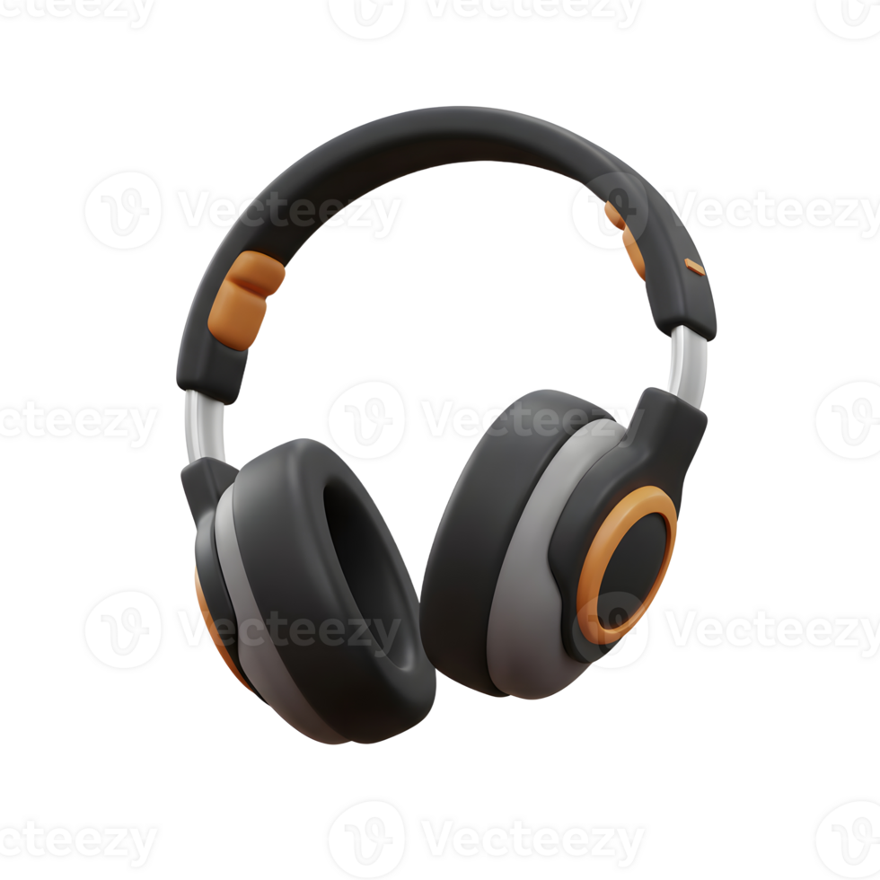 Black and gray headphone with orange accents in a 3D render provides a sleek and modern option for listening to audio. png