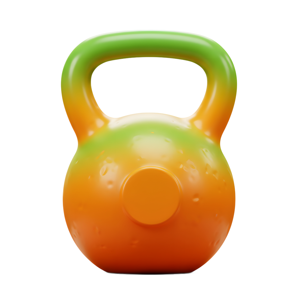 A kettlebell features a green and orange gradient color scheme and water droplets, ideal for fitness or strength training. png