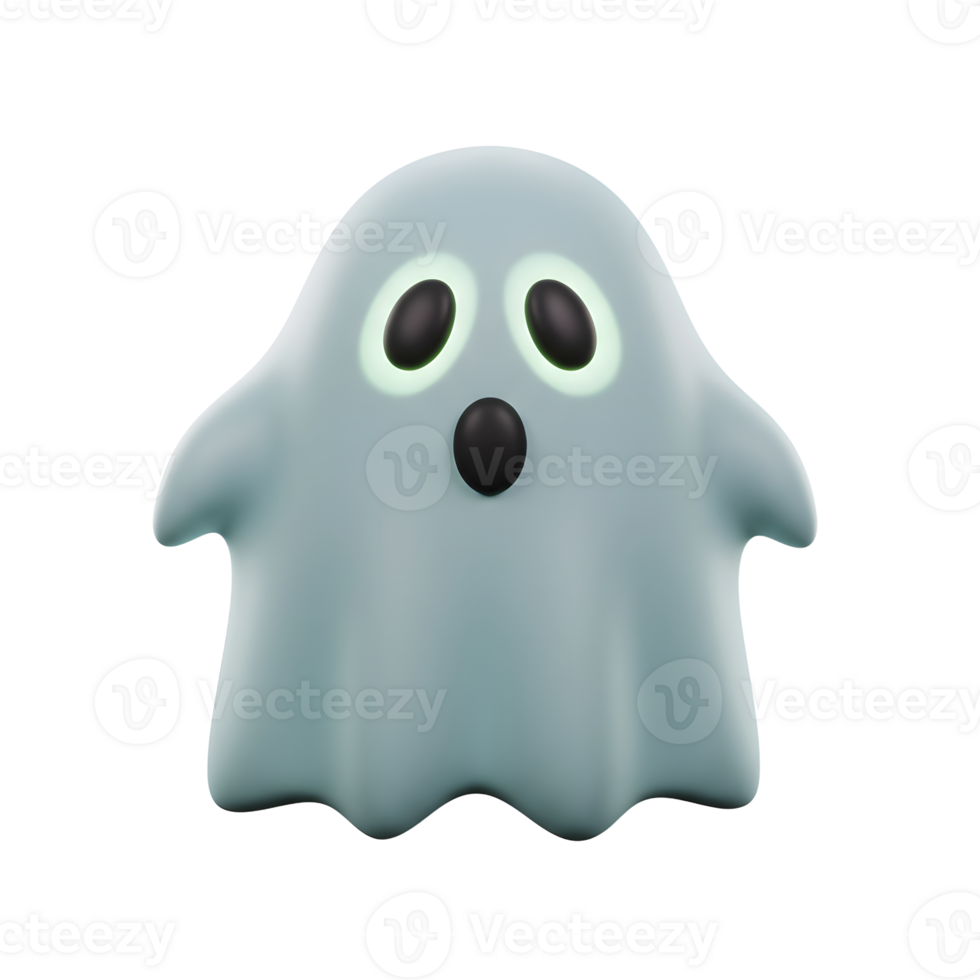 A cute cartoon ghost with glowing eyes and a surprised expression floats in a minimalist style, perfect for Halloween themed content. png