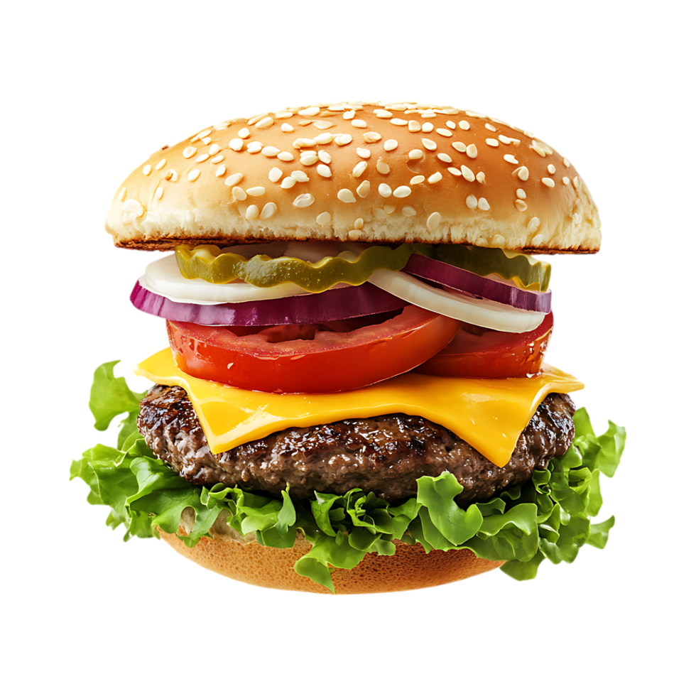 Juicy Cheeseburger with Lettuce Tomato Onion and Pickles against transparent background png