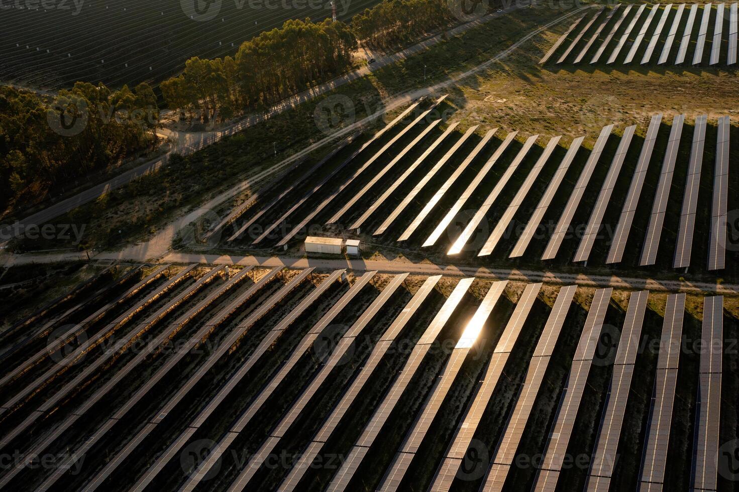 Rows of solar panels stretching across the landscape on sunny day photo