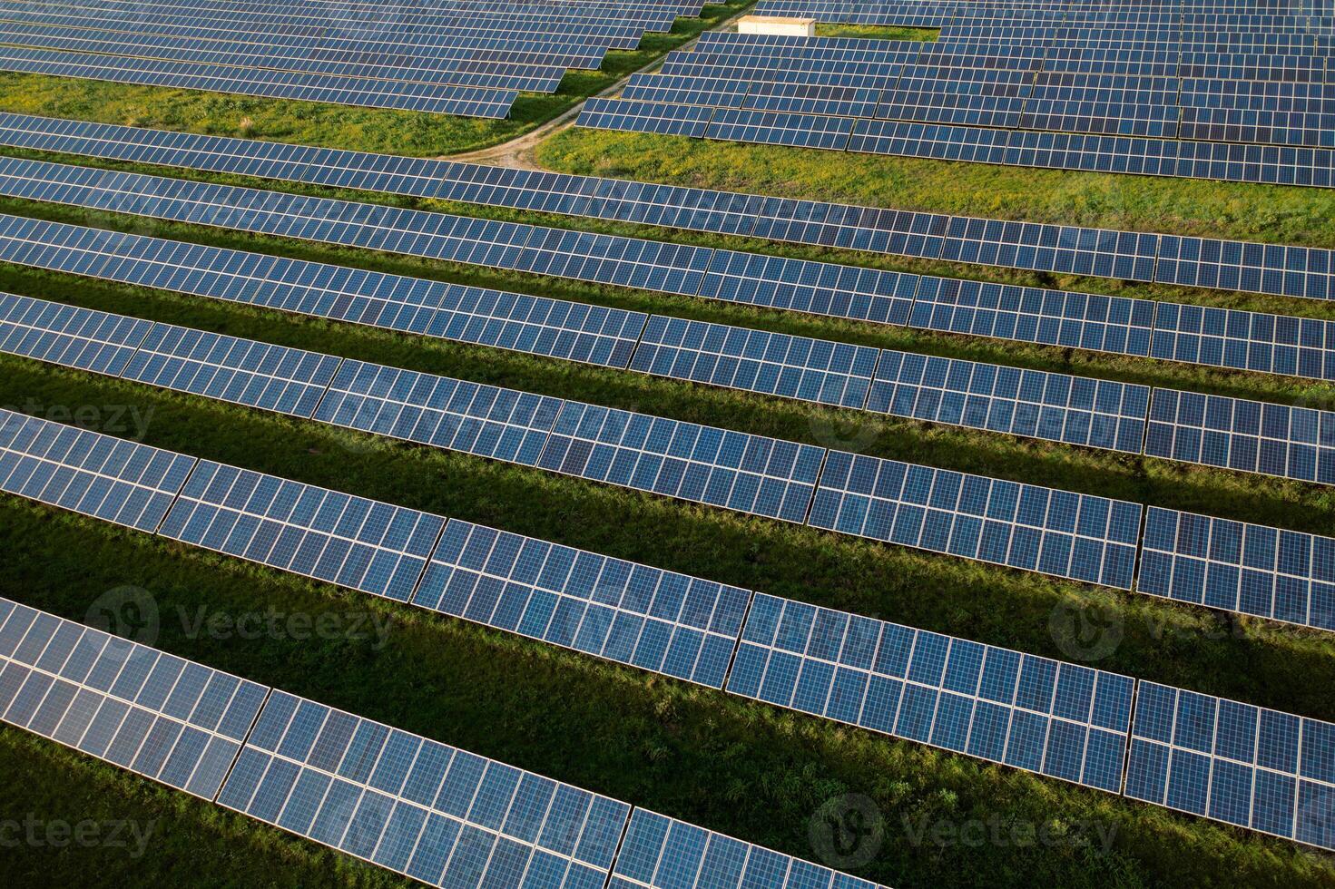 Solar farm with rows of panels on field photo