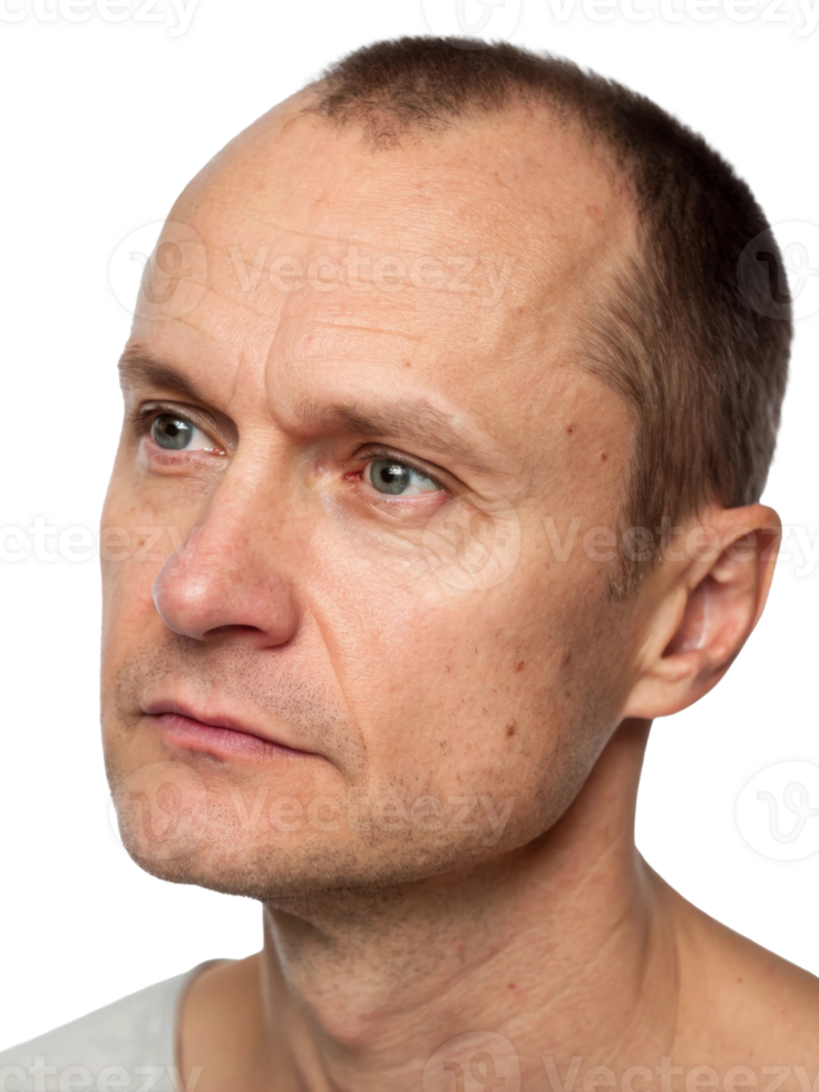 Thoughtful middle-aged Caucasian man with short hair, gazing into the distance, conveying a sense of contemplation. png