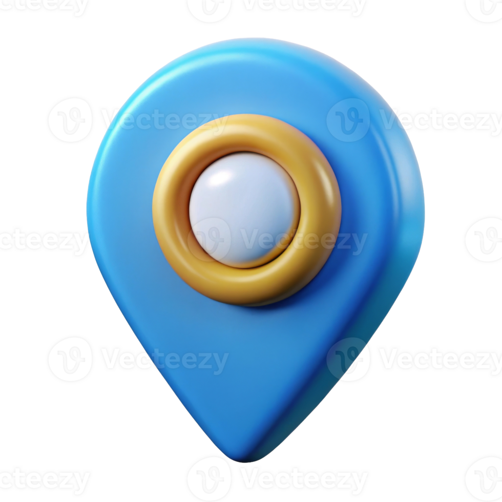 A shiny blue location pin with a golden ring and white center, symbolizing navigation and location services. png