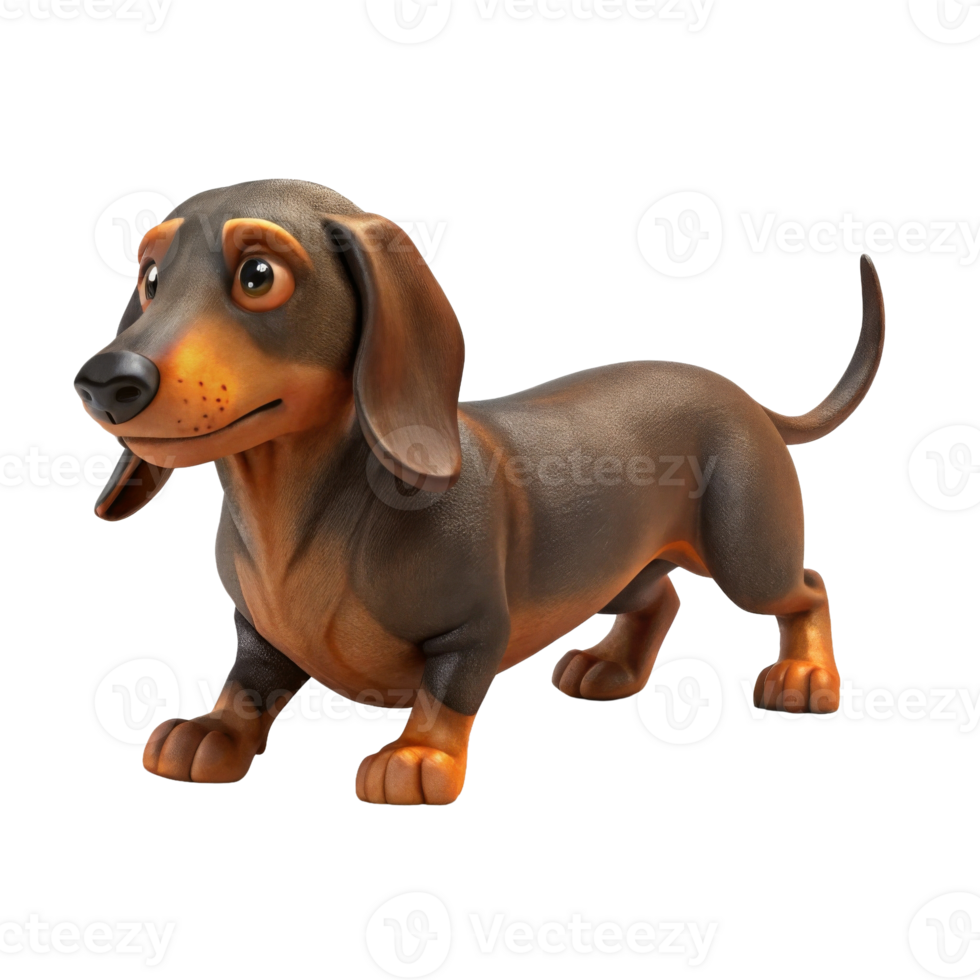 A cheerful cartoon dachshund with a glossy coat and an adventurous stance, exuding playfulness and charm. png