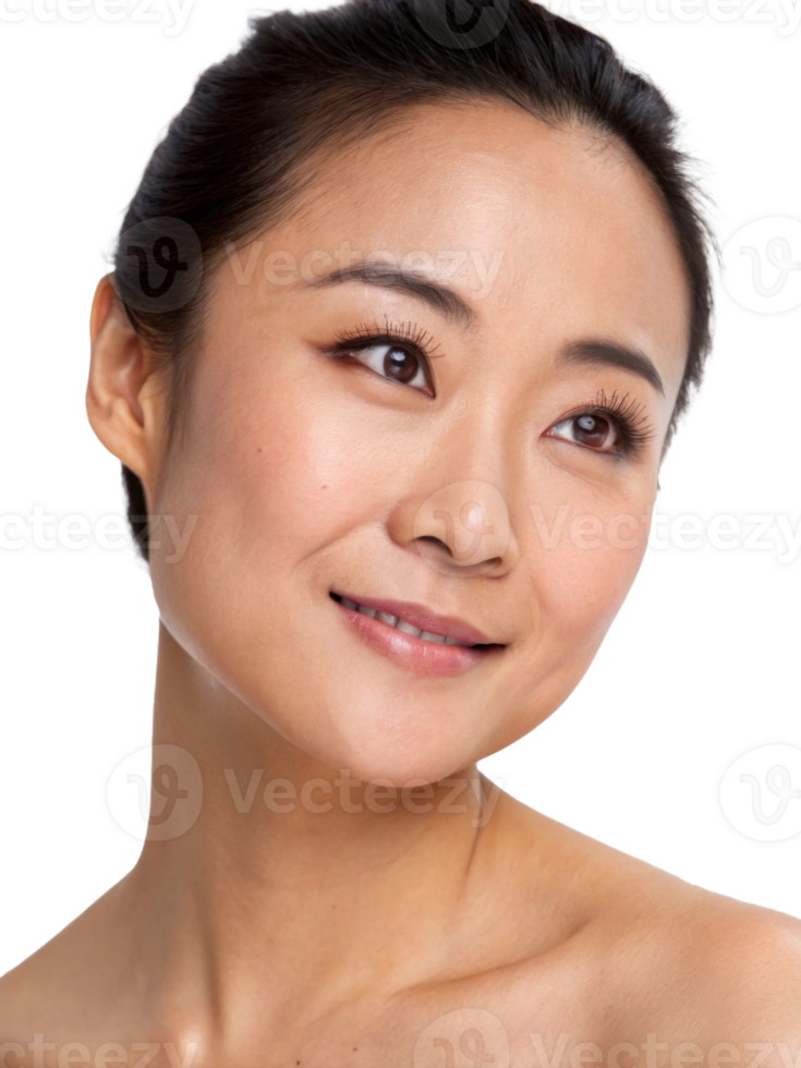 Elegant Asian woman with radiant skin, showcasing a serene expression and natural beauty in a soft-lit portrait. png