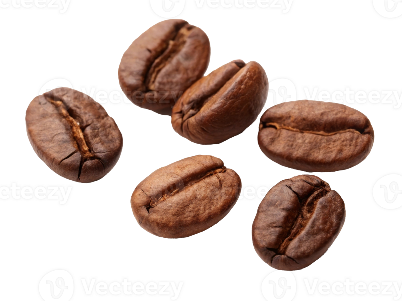 Close-up of rich, dark roasted coffee beans showcasing their glossy surface and unique textures. png