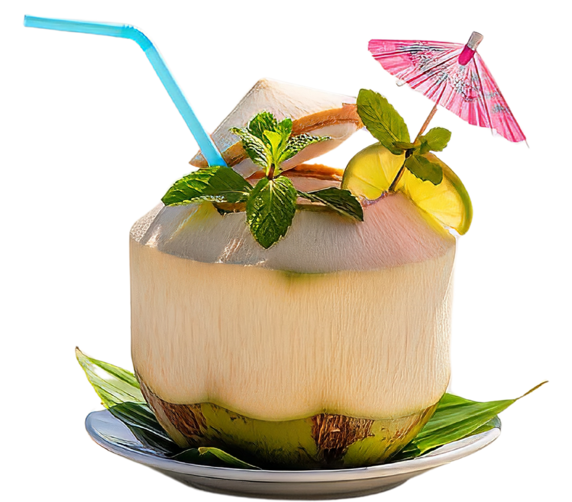 A refreshing coconut drink with a straw, lime, mint, and a small umbrella png