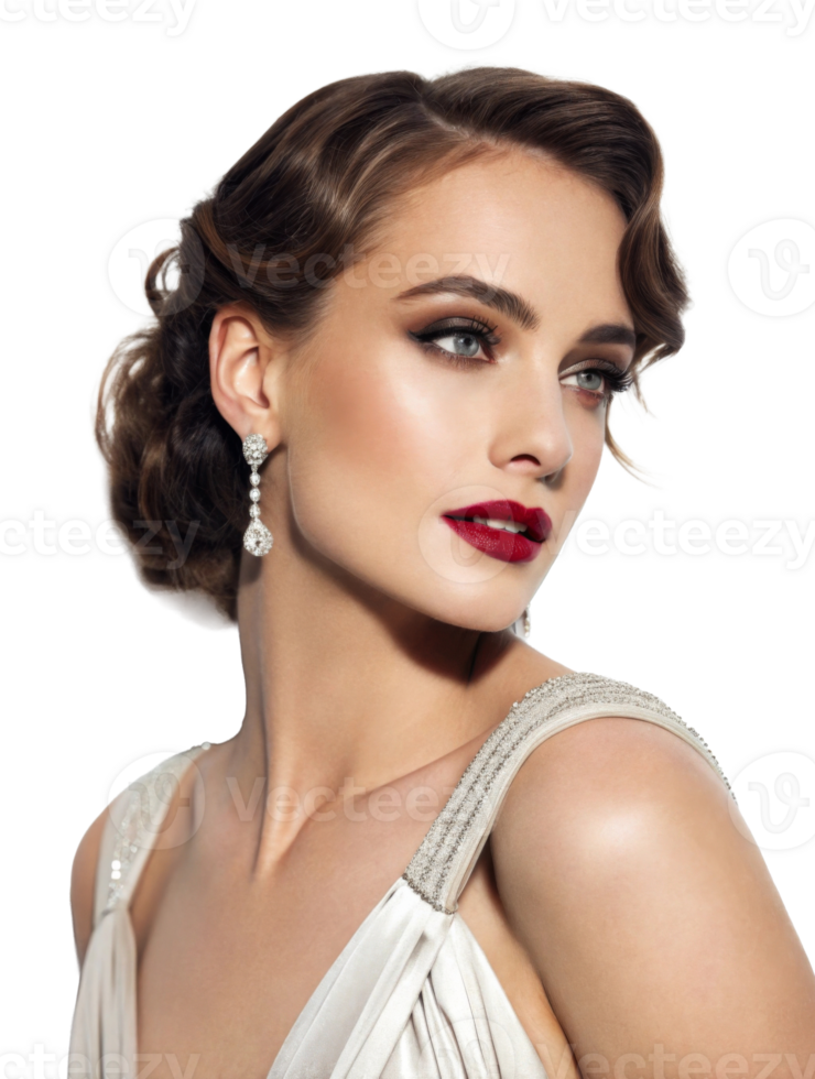 Elegantly styled woman with vintage glamour, featuring a chic hairstyle, striking makeup, and sparkling earrings. png