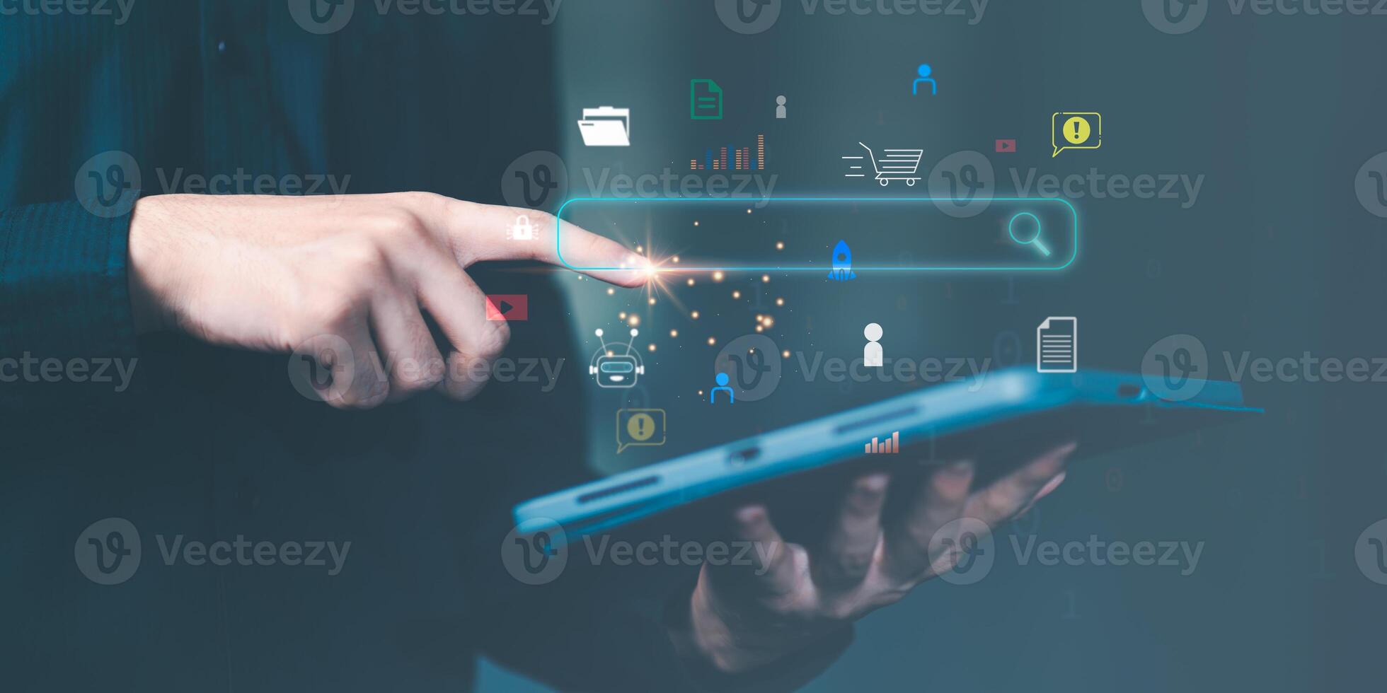 insight research ,Businessman searching for business information through virtual screen,Searching for information he is interested in through online websites,keyword search ideas to find references photo