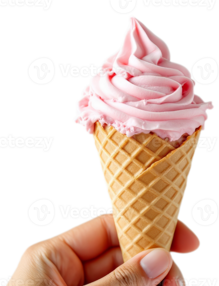 A hand holding a waffle cone with pink frosting png