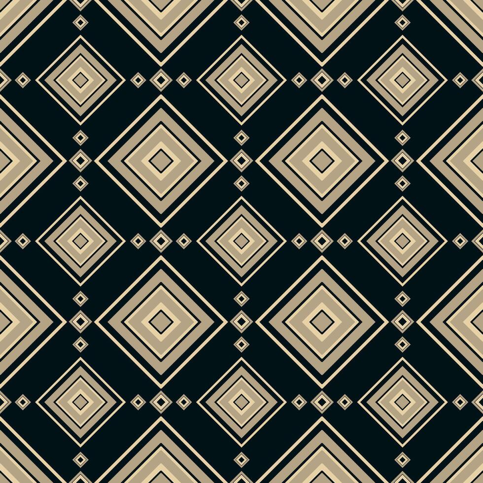 A textile pattern features a sophisticated, symmetrical Art Deco seamless design with layered diamond shapes in beige and black tones in illustration vector