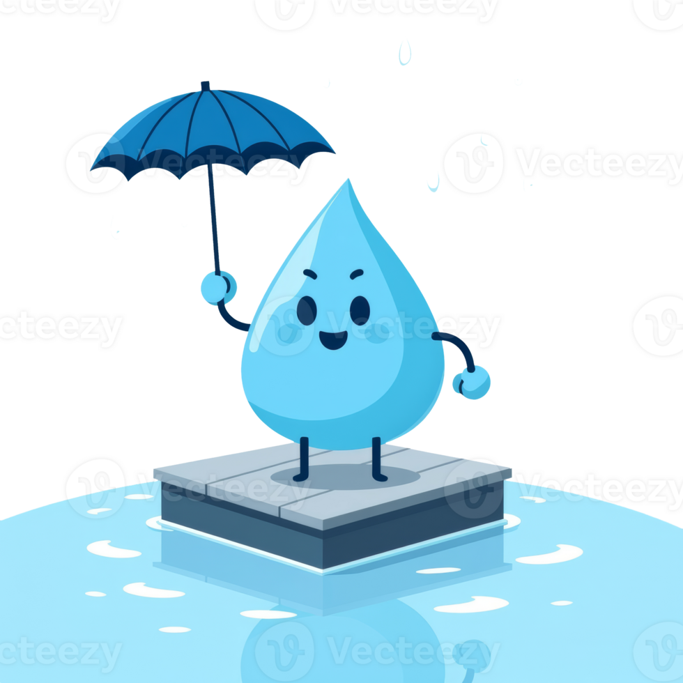 A cheerful water droplet character with a blue umbrella standing on a platform, amidst rain png