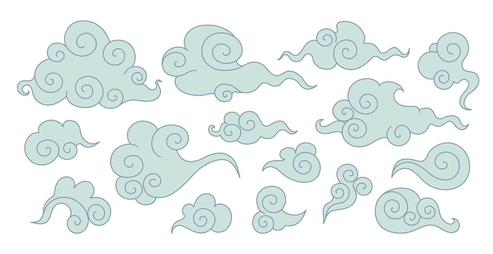 Set of Asian swirl clouds. Hand drawn celestial Chinese doodle clouds vector