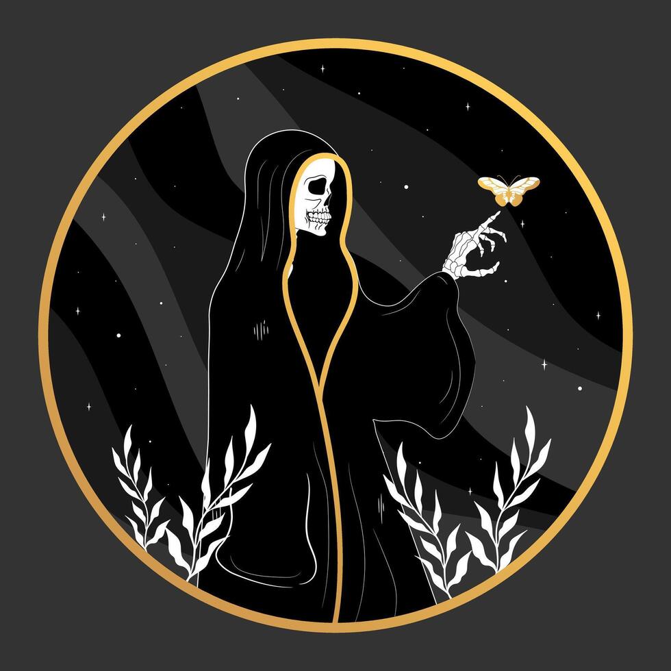 Death skeleton in a cassock emblem. Mystery, astrology, esoteric vector