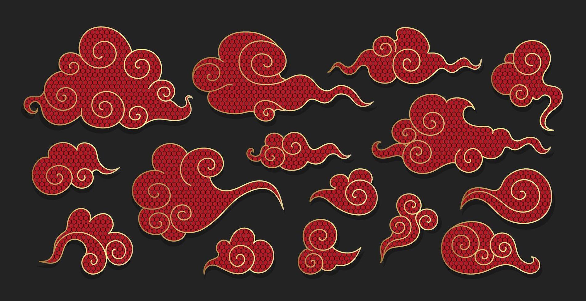 Set of red and golden Asian swirl clouds with geometric ornament. Hand drawn celestial Chinese doodle clouds vector