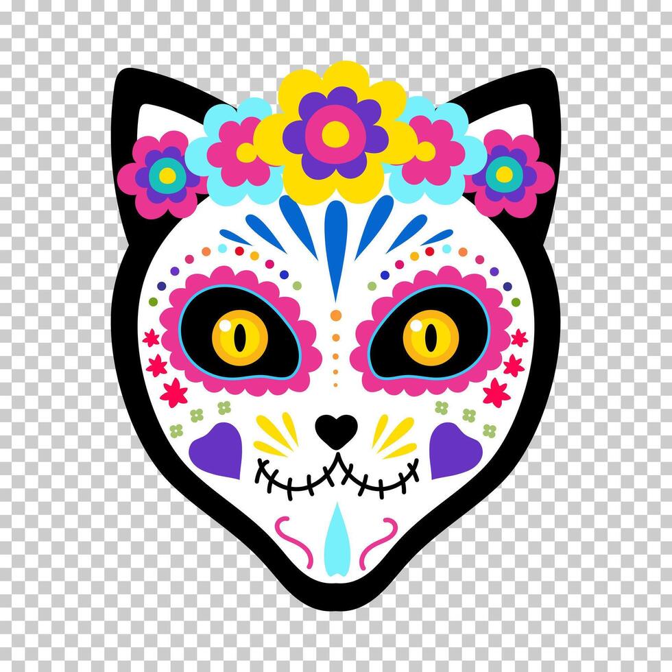 Cat face with a bright makeup of sugar skull and floral wreath. Cat head sugar skull isolated. Day of the Dead. Dia de los Muertos vector