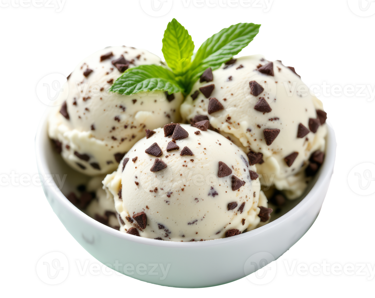 A close up of three scoops of mint chocolate chip ice cream in a bowl with fresh mint leaves png