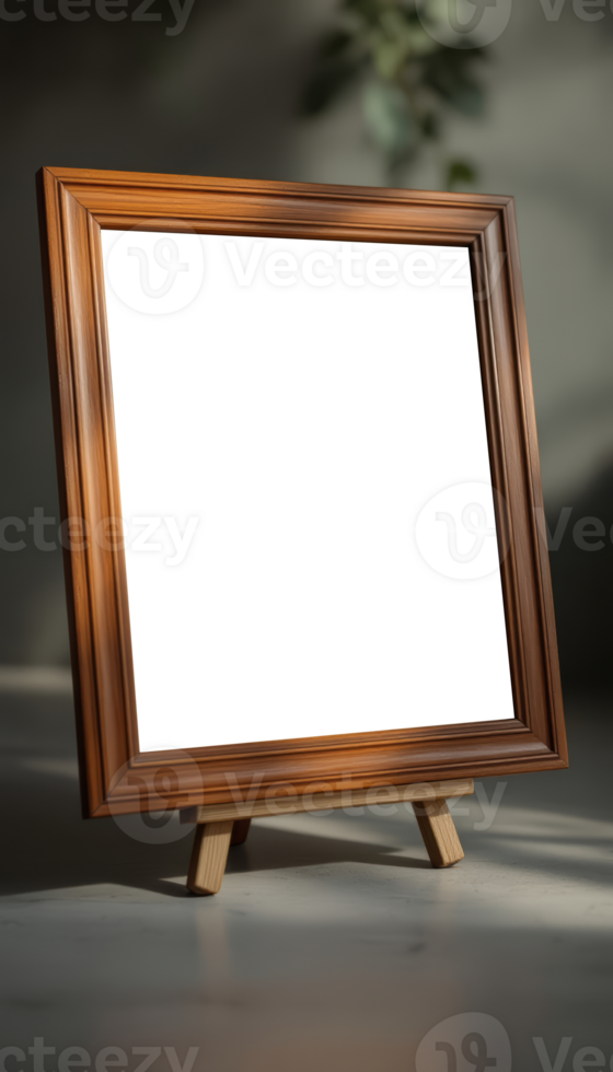 An empty wooden frame on a table with a plant png