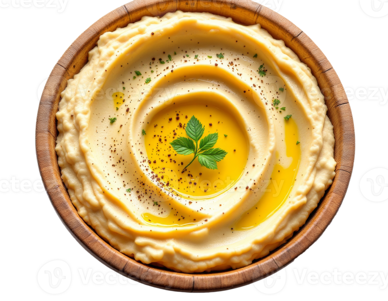 A bowl of hummus with a sprig of parsley png