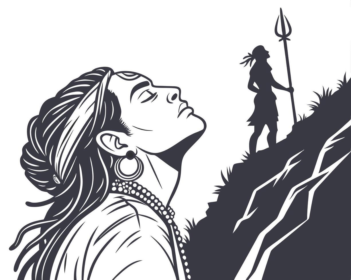 Lord Shiva in Meditation with Ascetic on Mountain Monochrome Illustration vector