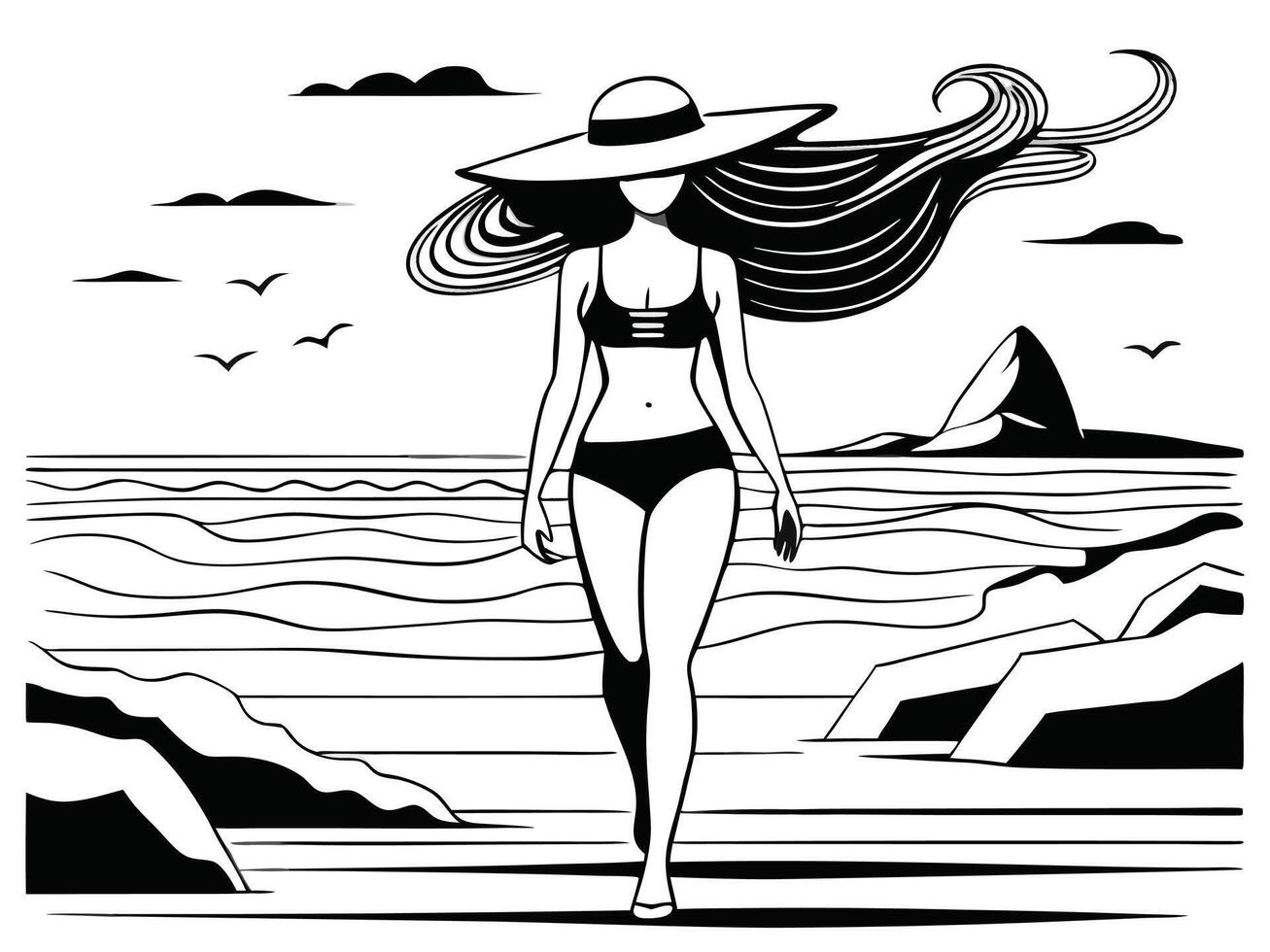 Black and White Illustration of a Woman on the Beach with a Hat vector