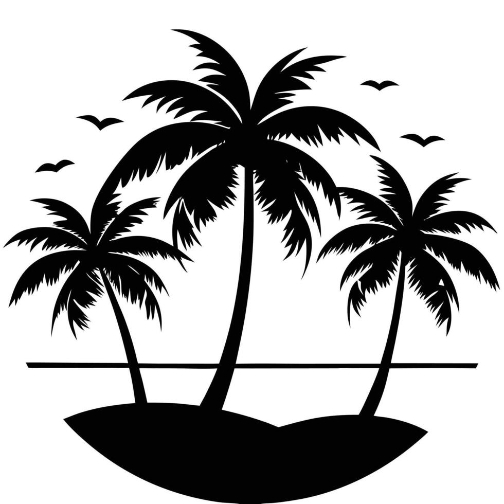 Black and White Silhouette of Palm Trees on a Tropical Island vector