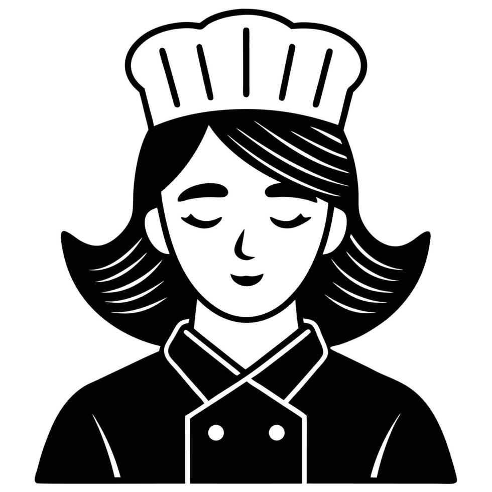 Stylized Female Chef Illustration with Chef Hat and Uniform in Black and White vector