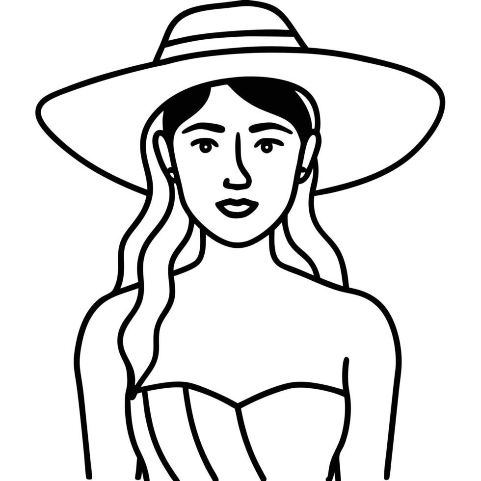 Elegant Woman in Hat A Simple Black and White Line Art Illustration vector