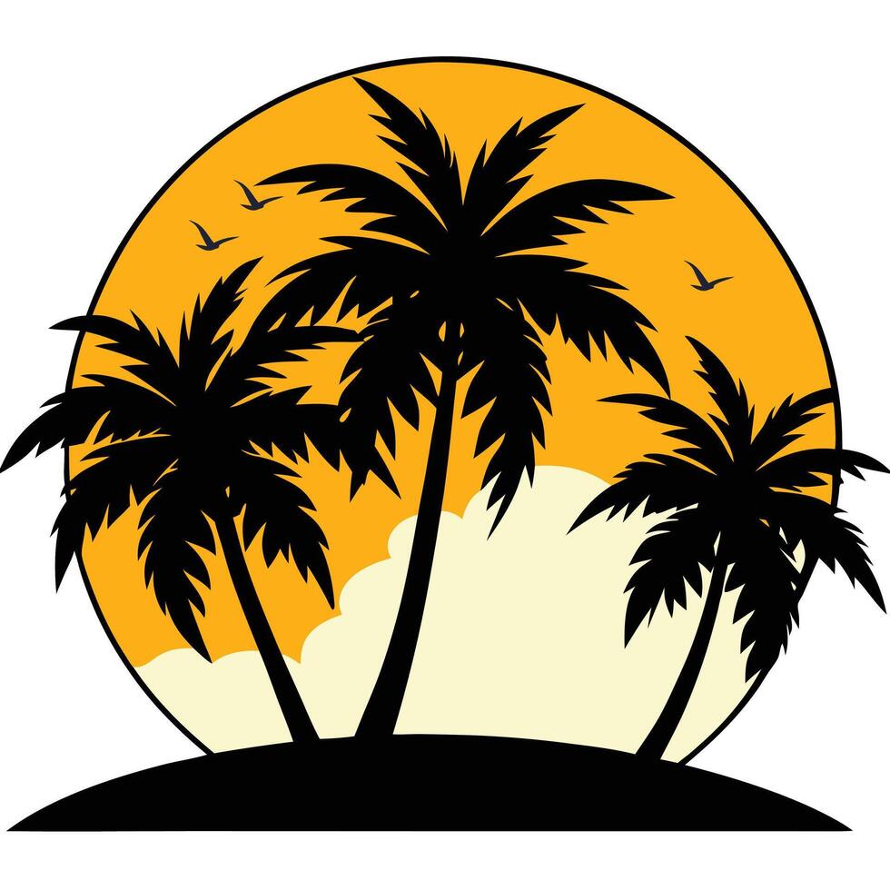 Tropical Island Sunset with Palm Trees and Birds Silhouette Illustration vector