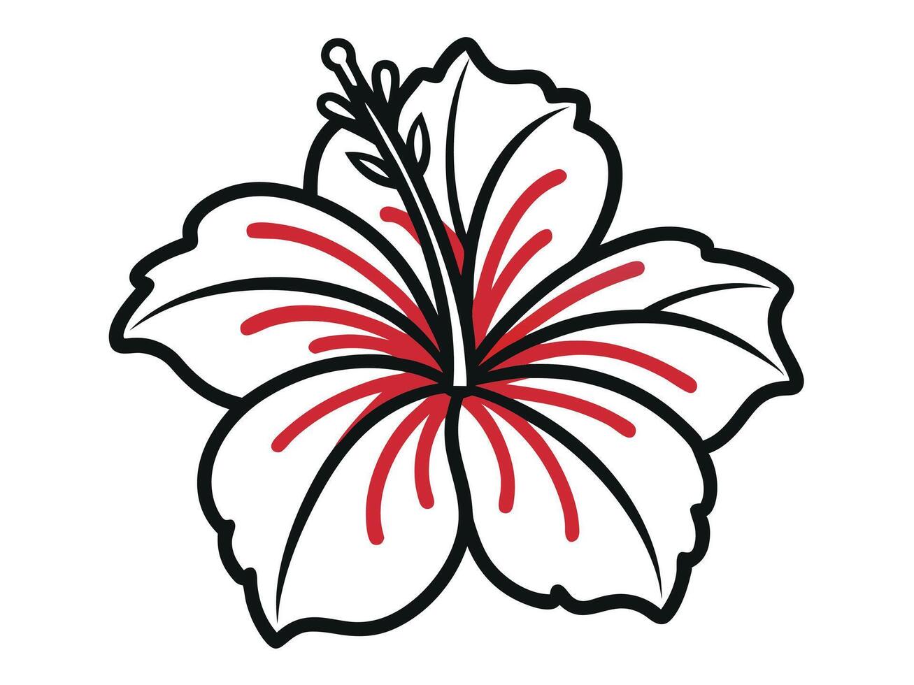 Stylized Hibiscus Flower Illustration with Bold Black Outline and Red Accents vector