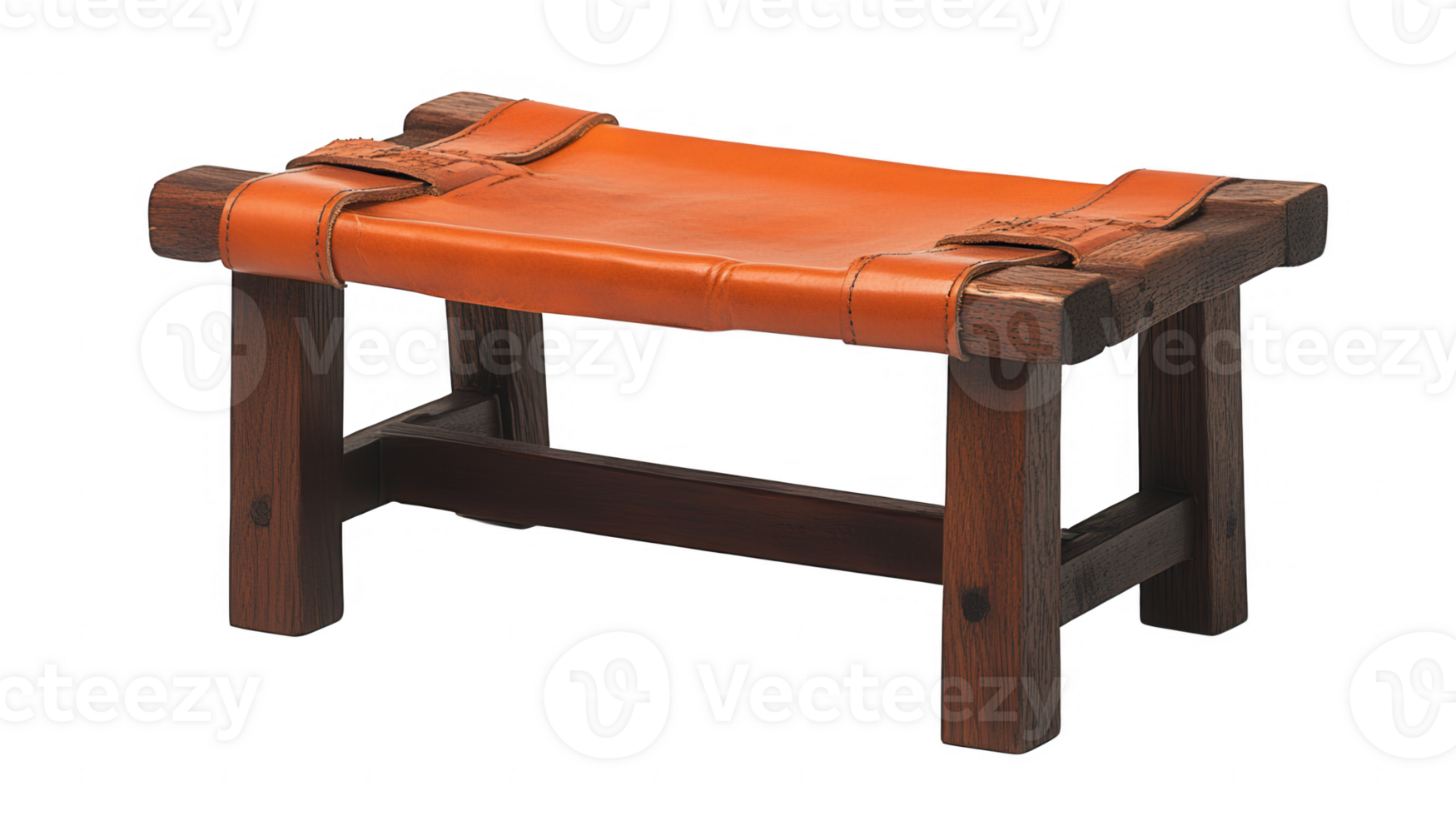 Rustic Wooden Stool with Leather Seat Isolated on a Transparent Background png