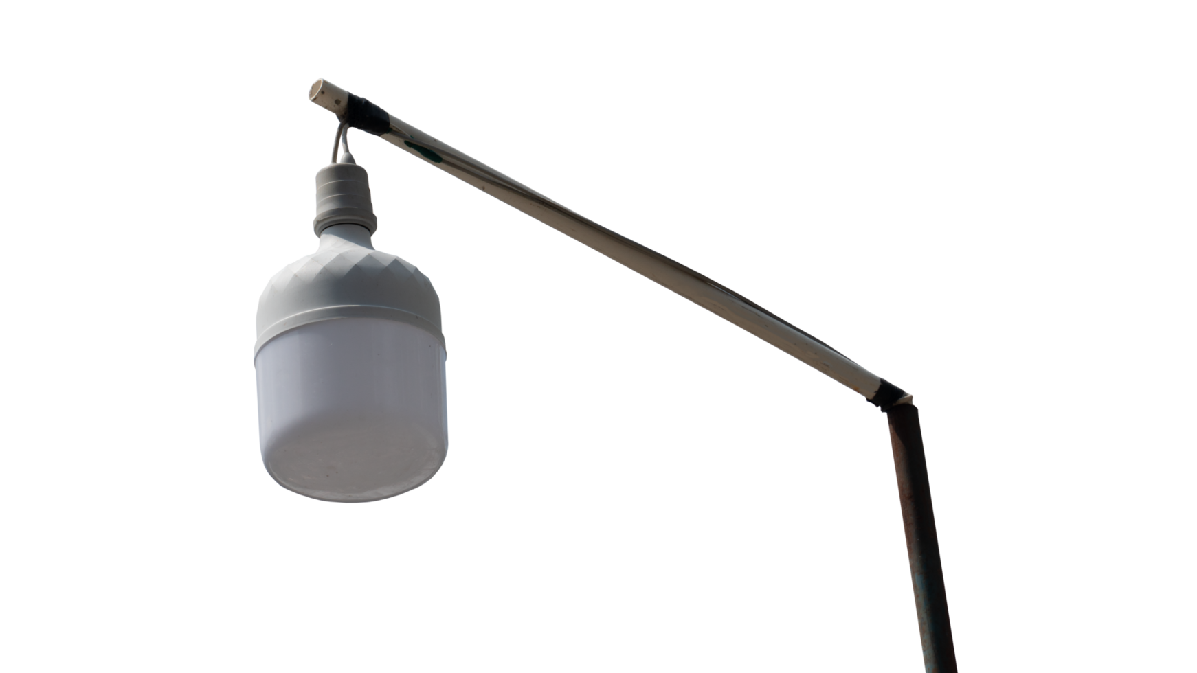 LED bulb hanging from a metal pole against a bright. Suspended by a thin wire or string. With the pole extending diagonally across the frame. For background and textured png