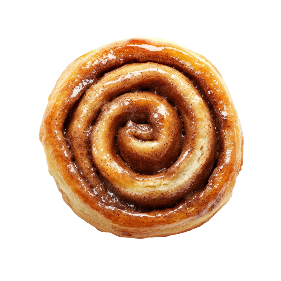 Sticky golden cinnamon roll swirl with glossy caramel topping png