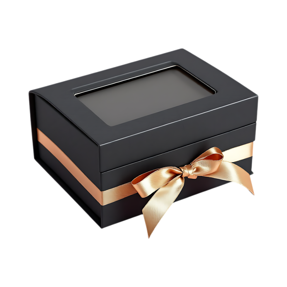 Elegant black gift box with a transparent window and a rose gold ribbon. png