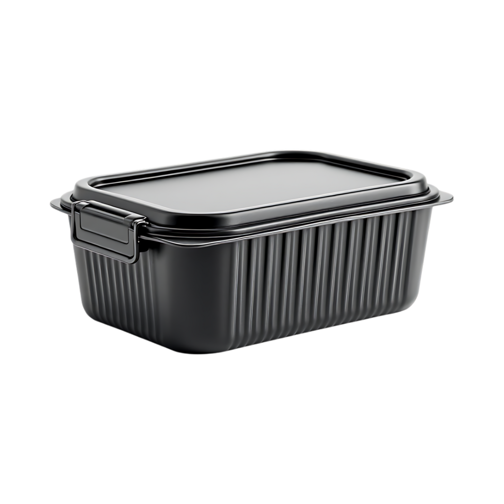 Black plastic food container with lid, isolated png