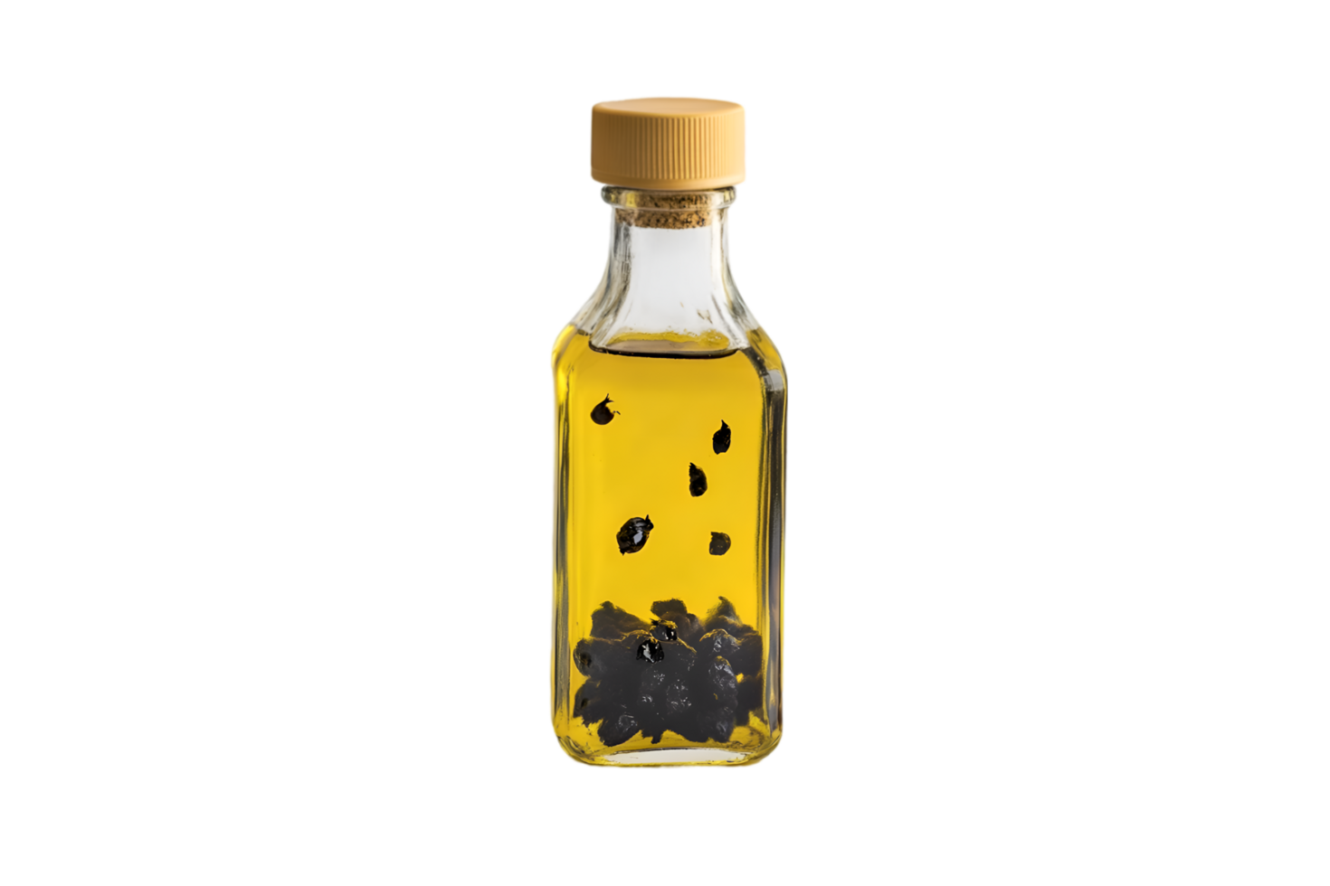 Golden Olive Oil Bottle with Black Olives png