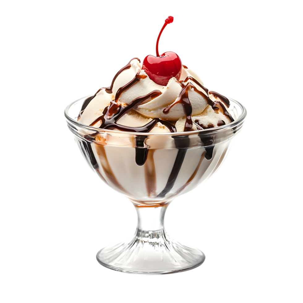 Delicious Ice Cream Sundae with Chocolate Sauce and Cherry png