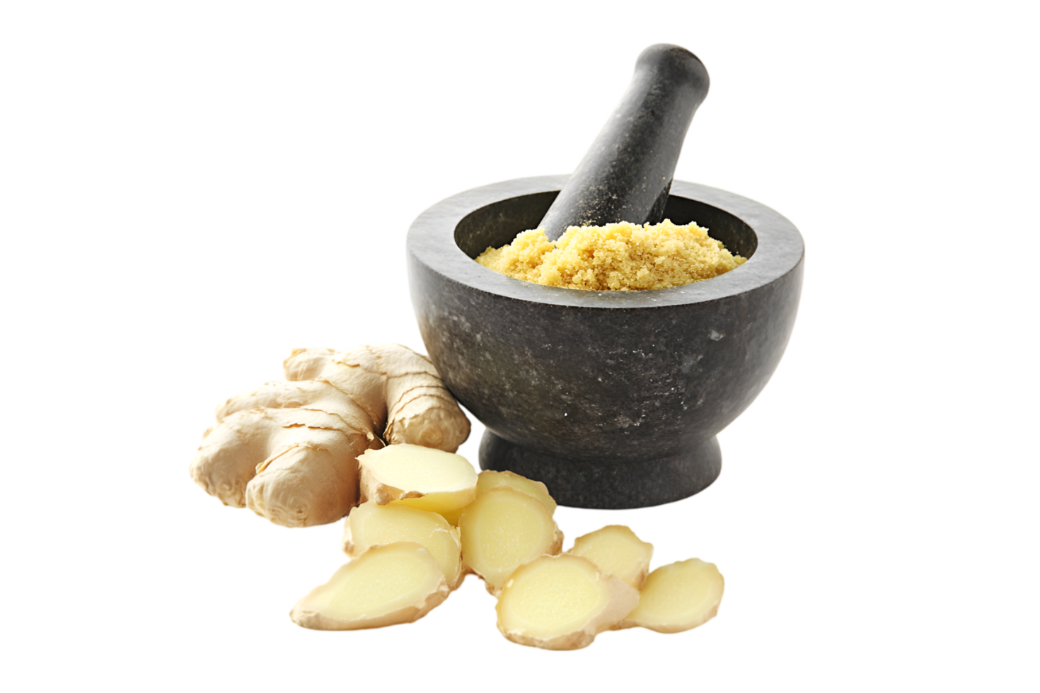 Ground Ginger in Mortar and Pestle Fresh Ginger Root Slices, png