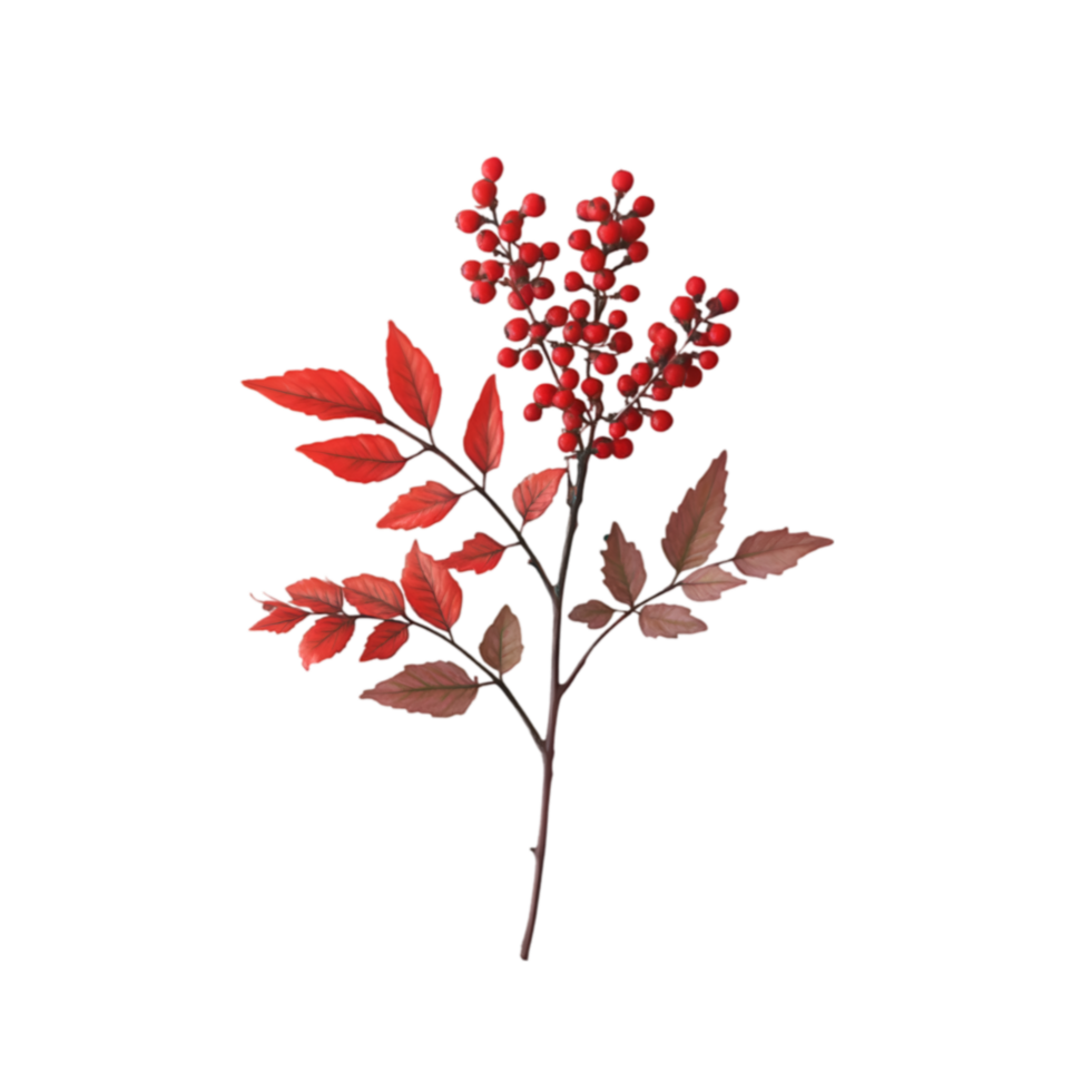 Red berries and leaves autumnal branch botanical illustration, png