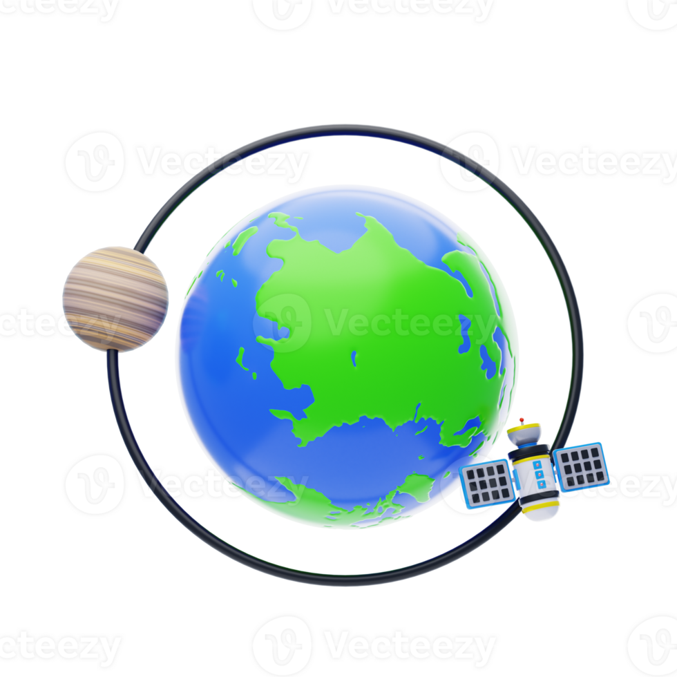 Earth Orbit 3D Icon. Earth with orbiting satellite 3d icon png