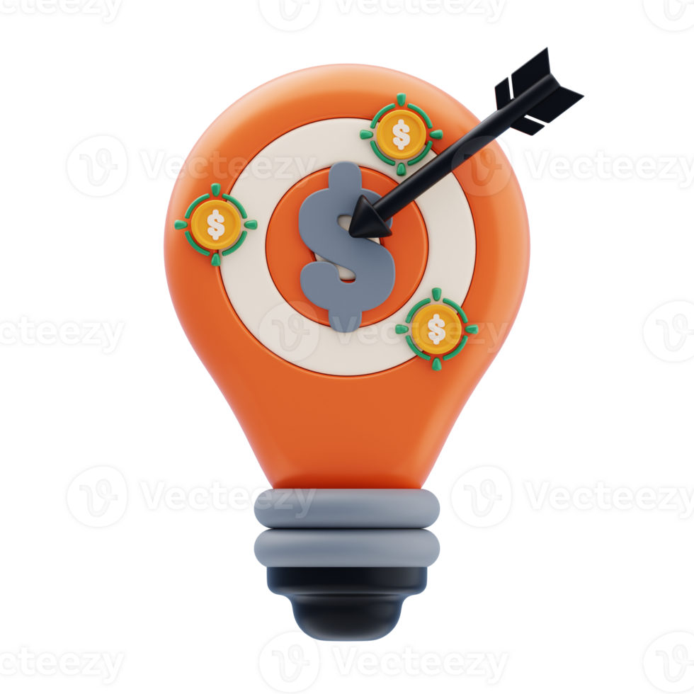 Idea Target 3D Icon. Idea lightbulb target money 3d icon png