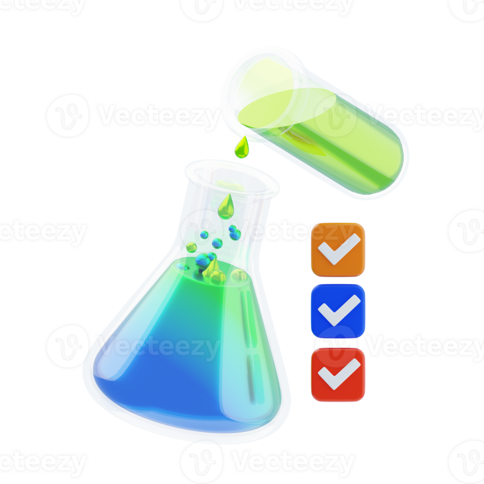 Experiment 3D Icon. Colorful science experiment flask 3d icon png
