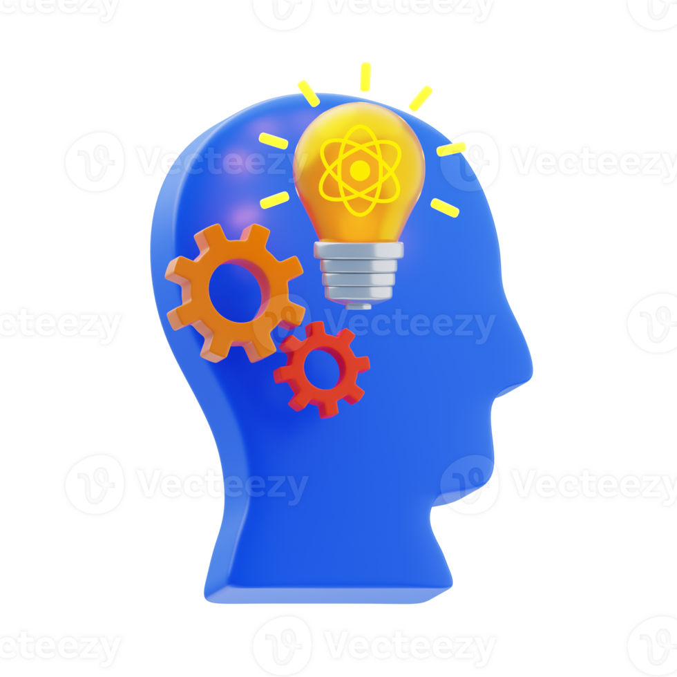 Learn To Think 3D Icon. Creative thinking with gears idea 3d icon png
