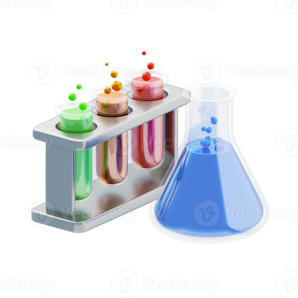 Lab Equipment 3D Icon. Colorful lab test tubes flask 3d icon png