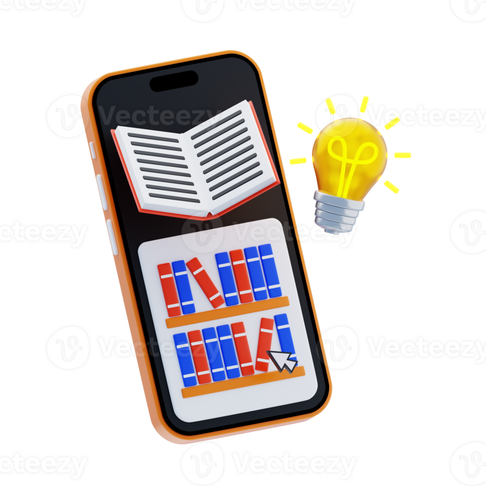 Online Library 3D Icon. Digital library on mobile screen 3d icon png