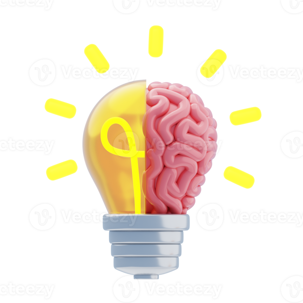 Creative Mind 3D Icon. Brain merged with lightbulb 3d icon png