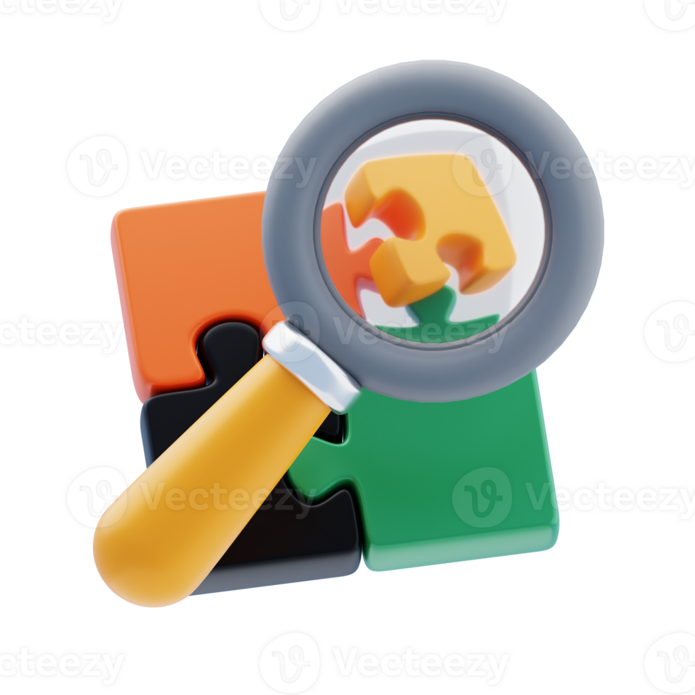 Problem Identification 3D Icon. Puzzle search magnifying glass 3d icon png