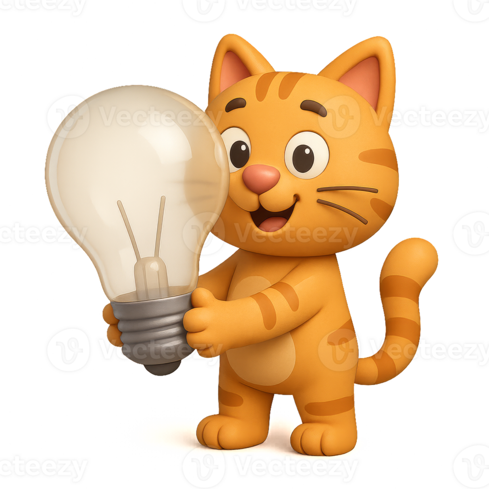 Playful Cartoon Cat Holding a Light Bulb in a Simple Design png
