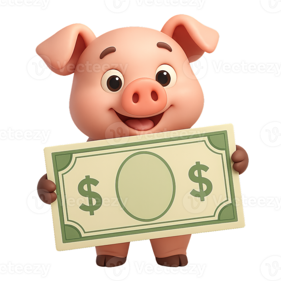 Cute Cartoon Pig Holding a Dollar Bill with a Joyful Expression png
